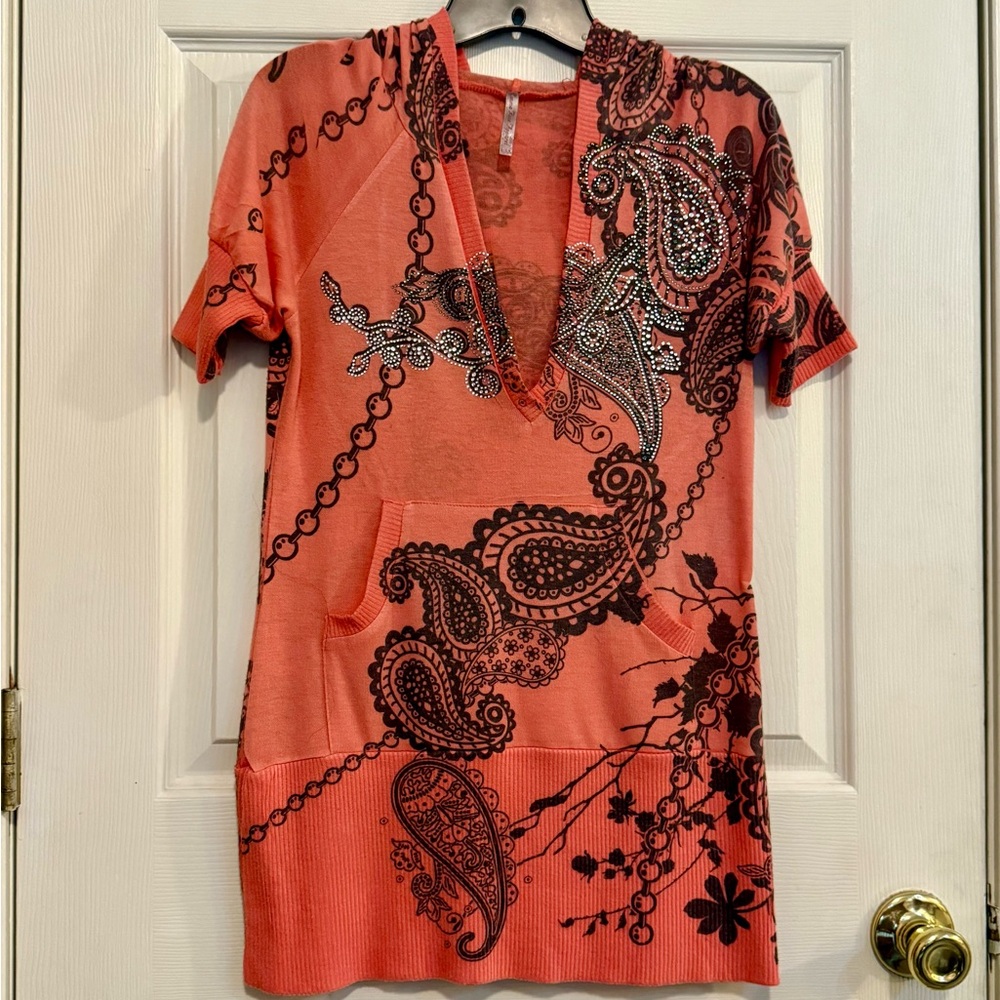 Vintage Embellished Hoodie Short Sleeve Lightweight Sweater by Emma Rose Y2K